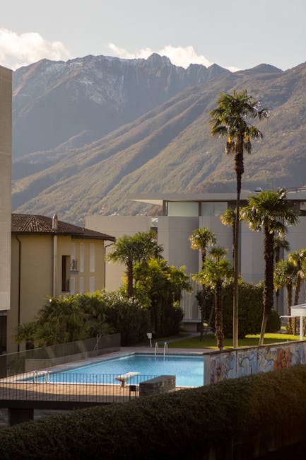 Piscine extérieure bordée de palmiers avec montagnes en arrière-plan à Trente