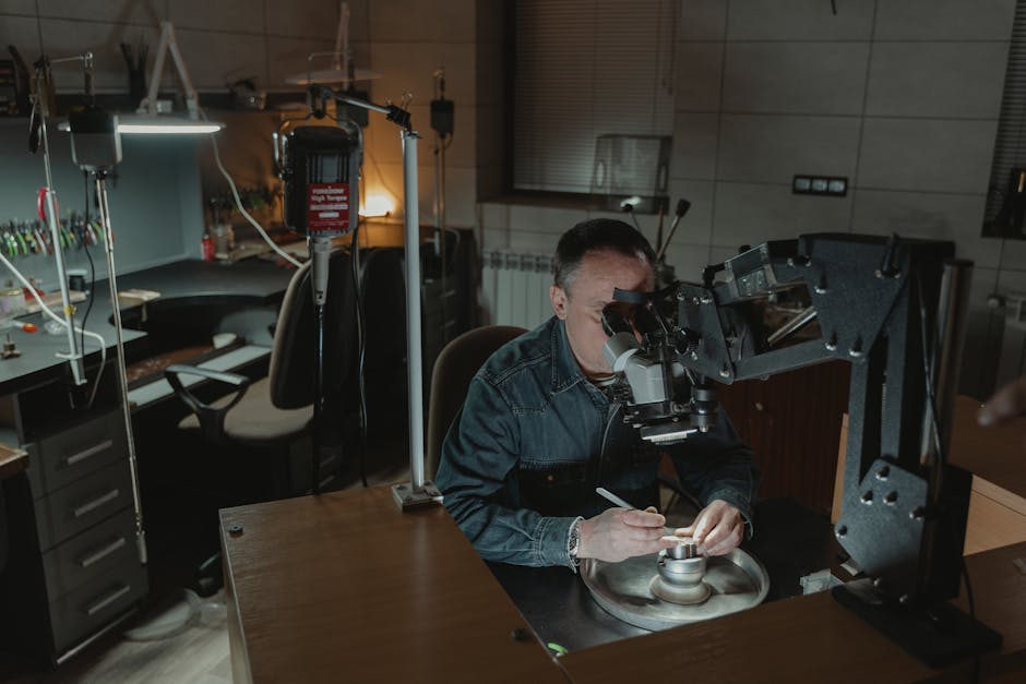 Juwelier werkt geconcentreerd onder microscoop aan klein sieraad in Trente
