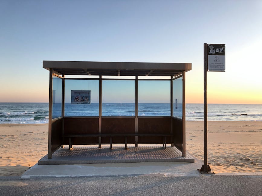 Empty beachside bus shelter facing the Adriatic Sea near Bari at sunset