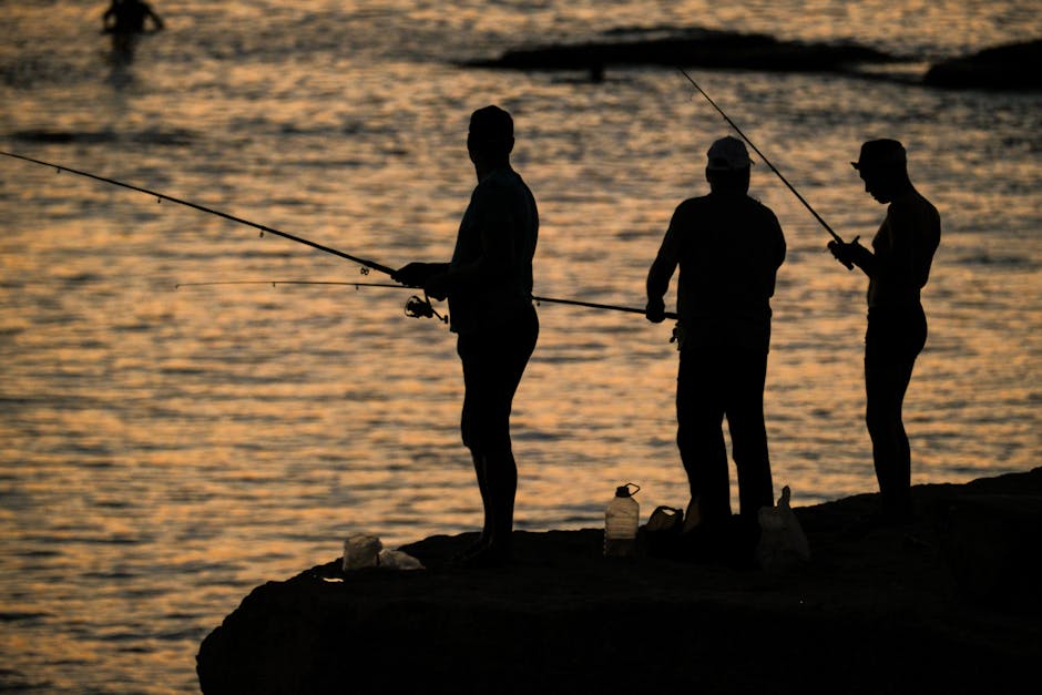 Silhouettes de pêcheurs au coucher du soleil sur le littoral de Bari