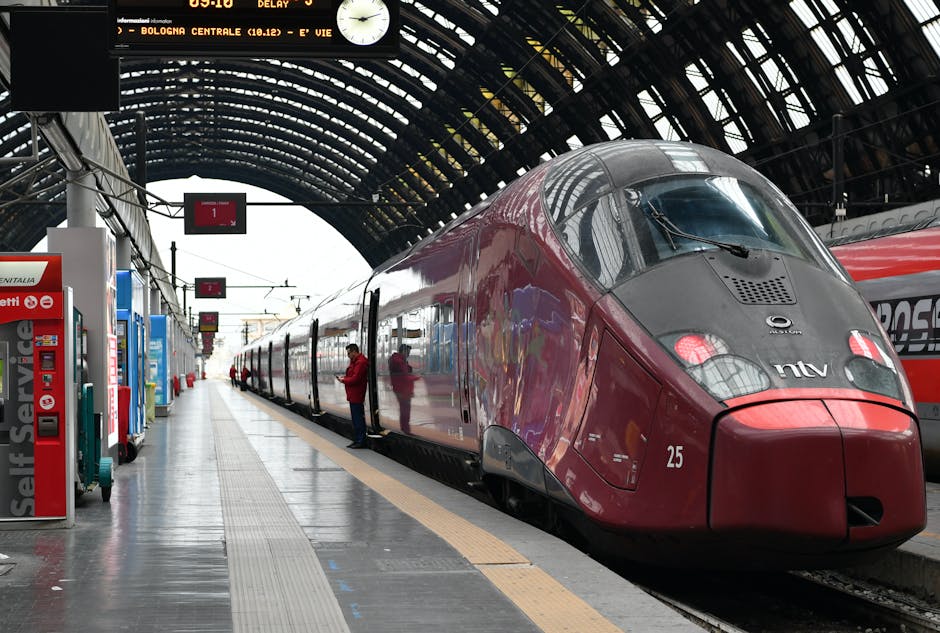 Roter Hochgeschwindigkeitszug am Bahnsteig unter gewölbter Bahnhofshalle, Uhr
