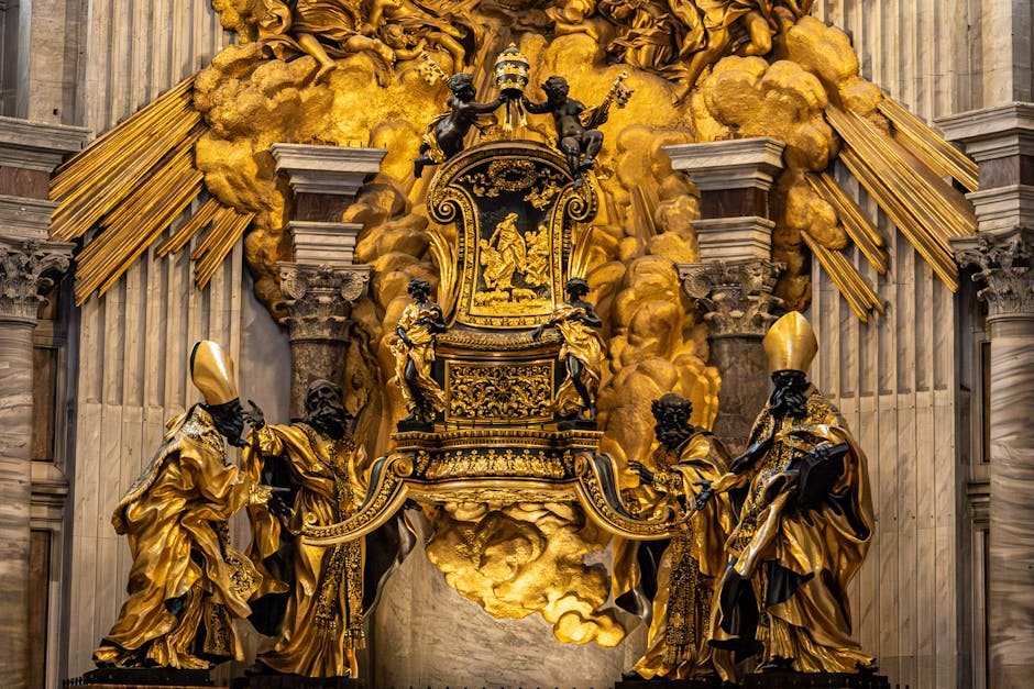 Gold gilded Baroque altar with ornate throne and angelic figures in Bari cathedral