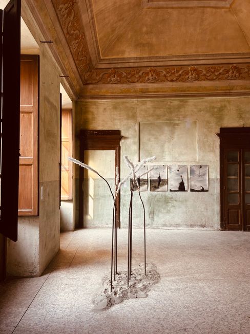 Contemporary sculpture installation inside an old Bari palazzo exhibition room
