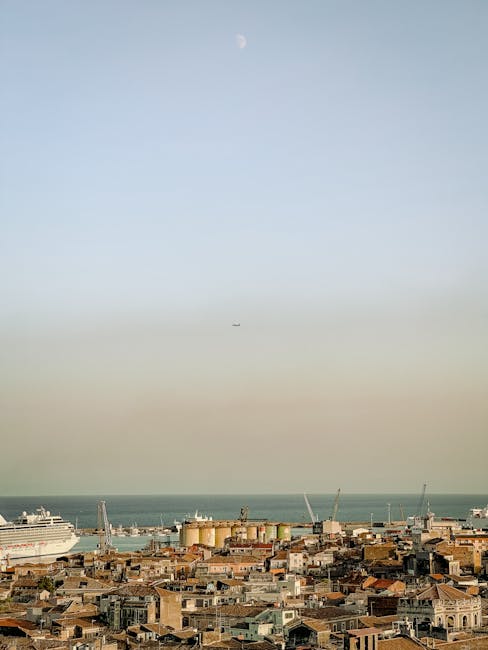 Panorama dei tetti e del porto di Catania con navi