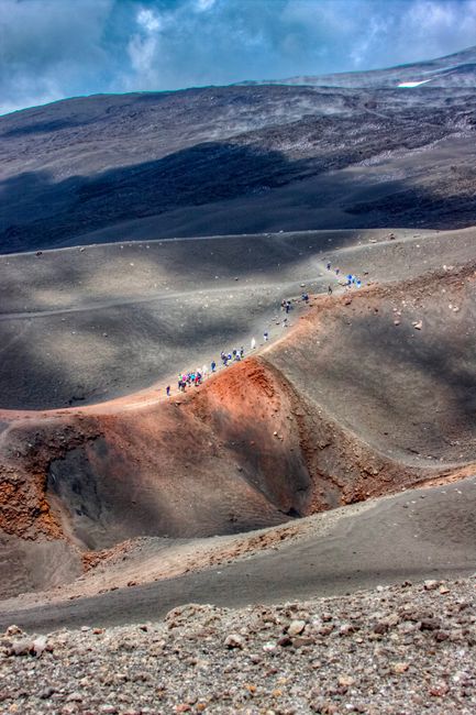 Groupe de randonneurs longeant un cratère gris de l'Etna