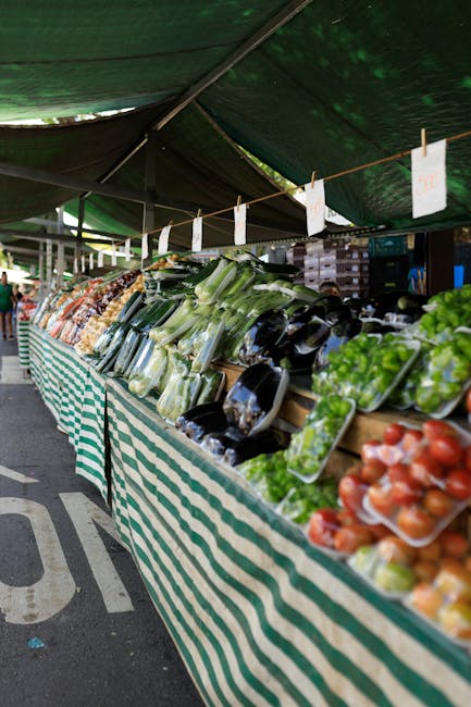 Outdoor produce stall in Piedmont with rows of zucchini, eggplants, greens