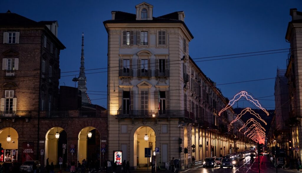 Historic Turin streets lit in the evening