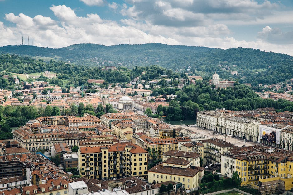 Aerial view of Piedmont town center with red-tiled roofs and hill