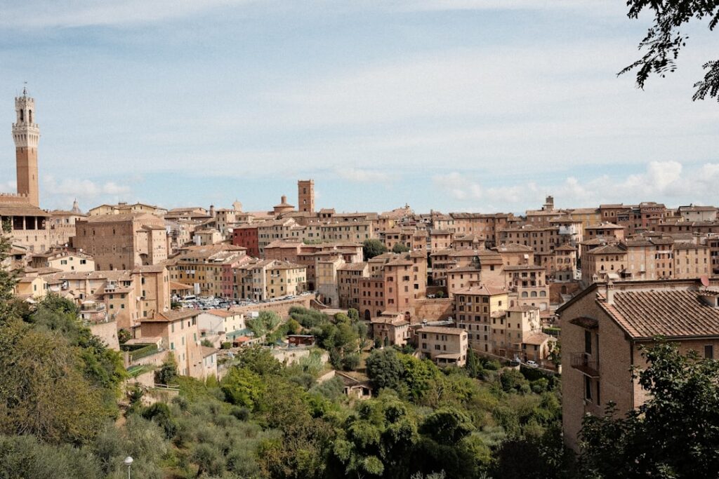 Panorama di un borgo collinare con edifici in cotto e torre