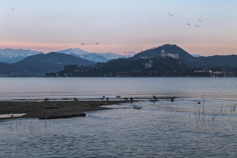 Seepromenade von Arona mit Blick auf die Rocca Borromea bei Sonnenuntergang