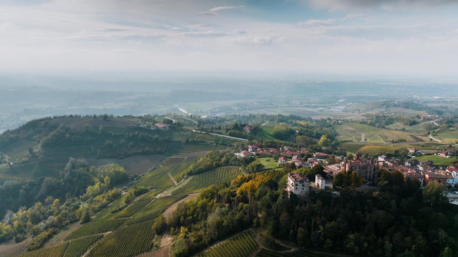 Hilltop castle and village overlooking sweeping Piedmont vineyard-covered hills
