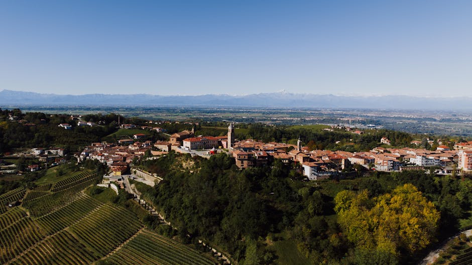 Panorama wzgórz Langhe z miasteczkiem i winnicami w Piemoncie
