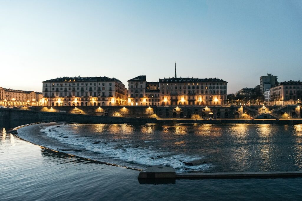 View of Turin skyline and the Po River from Monte dei Cappuccini at sunset