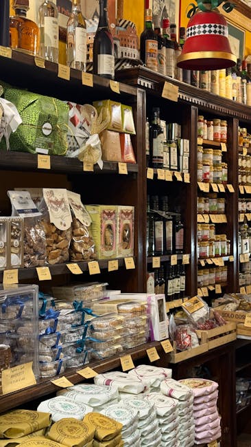 Planken vol lokale lekkernijen, olijfolie en verpakkingen in Piemonte winkel