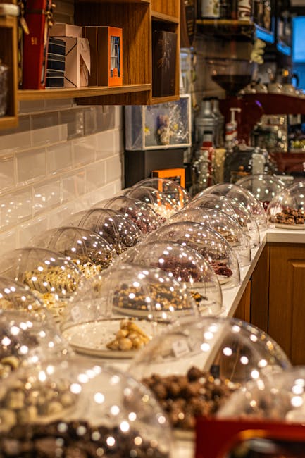 Pralinen unter gläsernen Kuppeln in einer Confiserie im Piemont