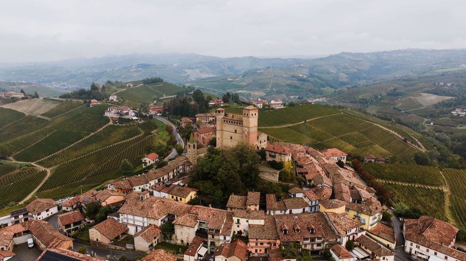 Middeleeuws kasteel op een heuvel, omringd door wijngaarden in Piemonte