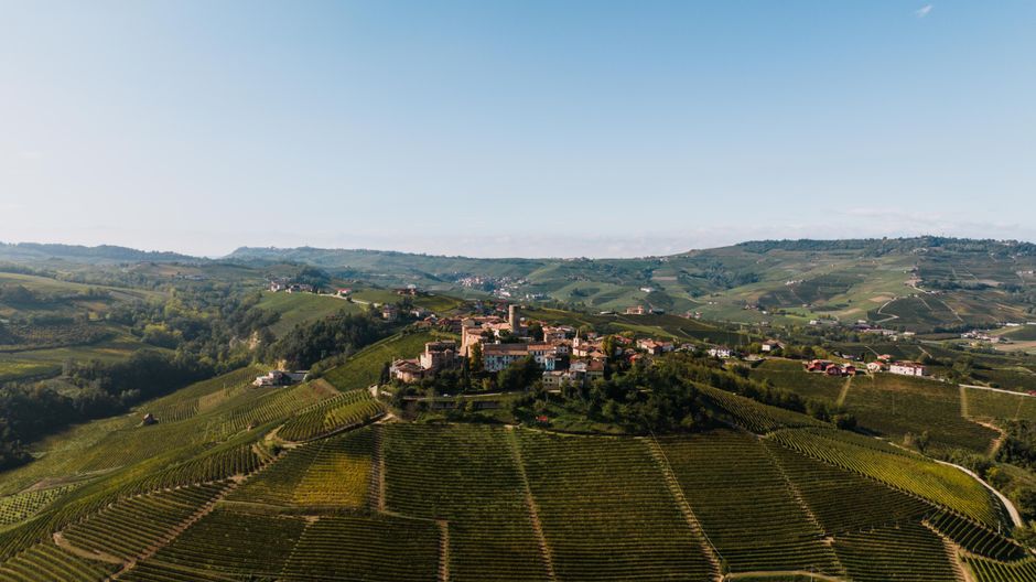 Panoramisch uitzicht over het Piemonte-heuvellandschap met dorpje en wijngaarden