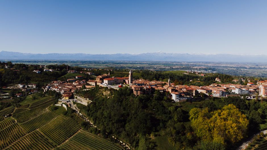 Dorp met kerktoren en wijngaarden, uitzicht op Alpen in Piémont