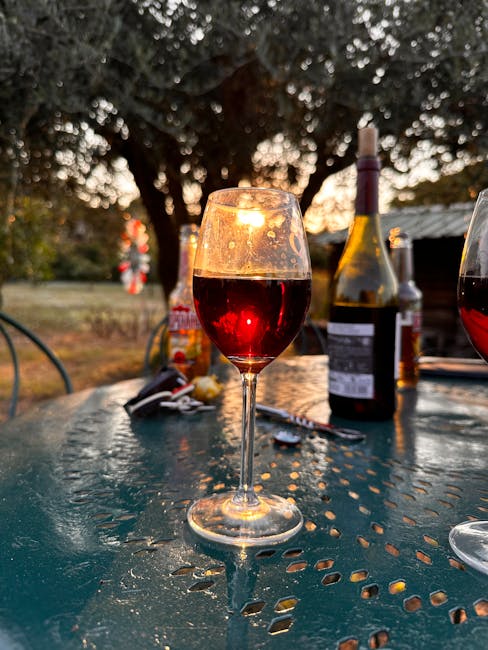 Glass of red wine on outdoor table at golden sunset in Latium vineyard