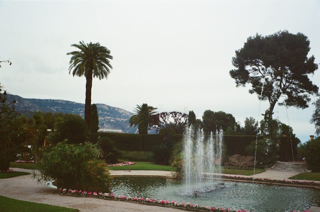 Stone fountain spraying water before palm trees in a Latium villa garden