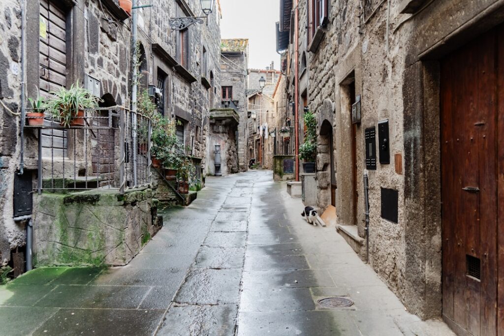 Smal nat straatje met oude stenen huizen in Viterbo, Latium