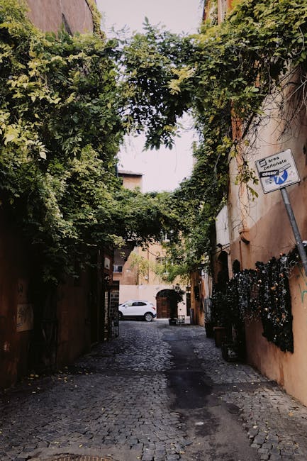 Ruelle pavée couverte de vigne menant à une façade dans le Latium.