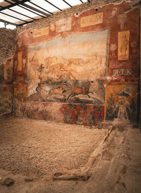 Gut erhaltenes Wandfresko mit Jagdszene in Pompeji