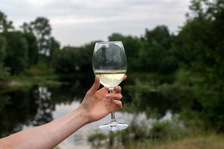Hand holding a white wine glass raised toward Lake Albano shoreline