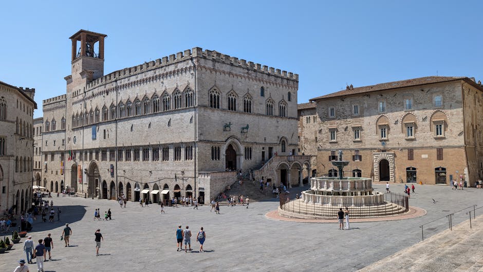 Panoramisch uitzicht vanaf de heuvels over het stadscentrum van Perugia en Piazza IV Novembre