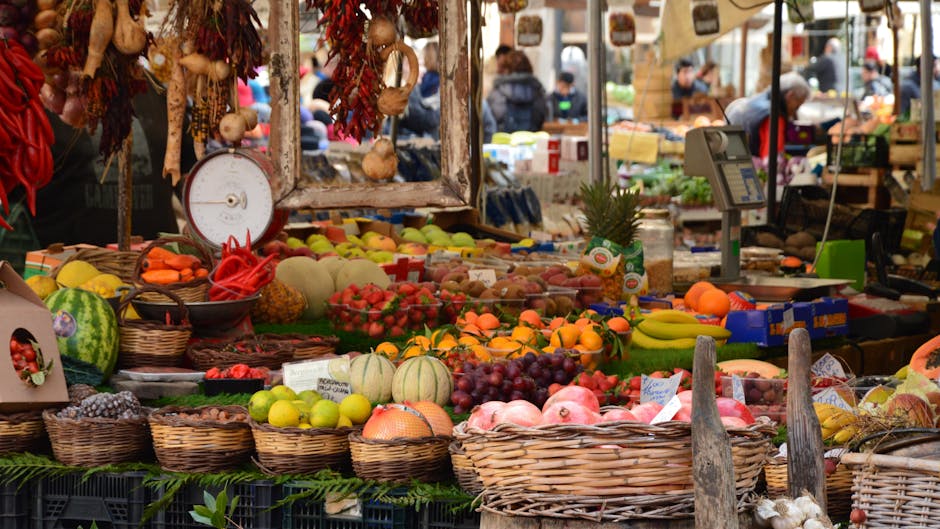 Market stalls in Perugia's Piazza Matteotti with fresh produce