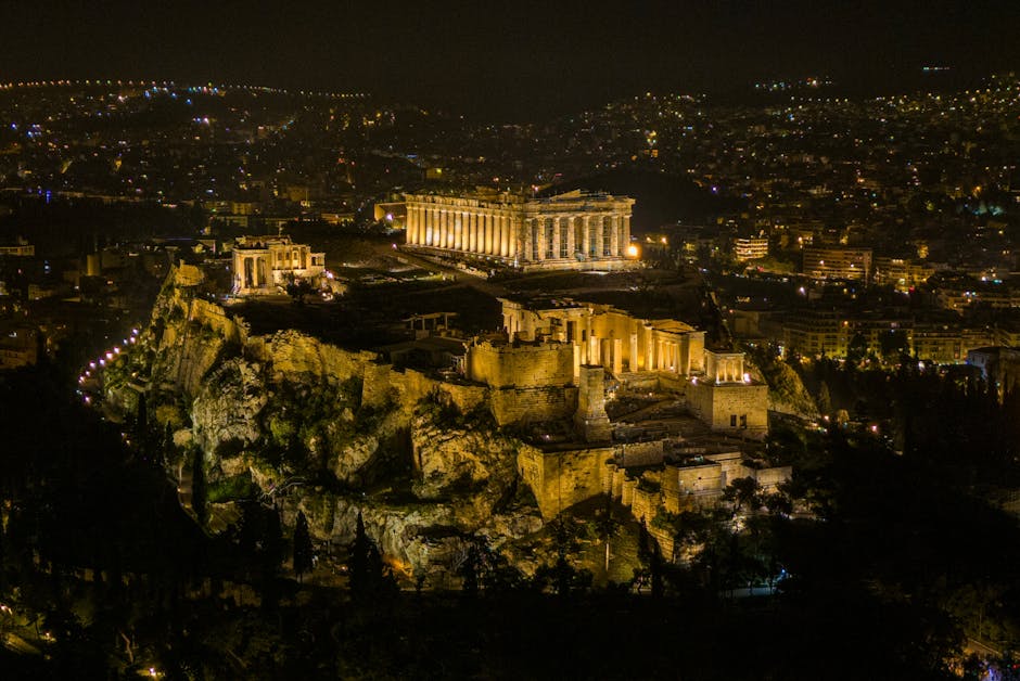 Illuminated Acropolis Hill at night