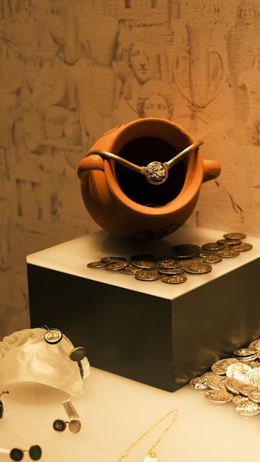 Close-up of ancient Greek coins on display