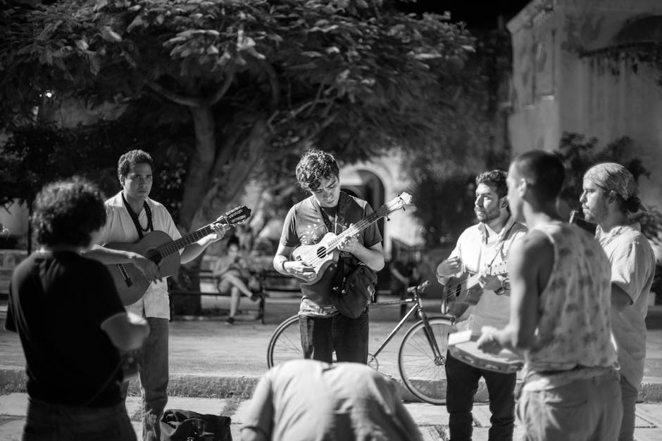 Street musicians performing in Psyrri after dark