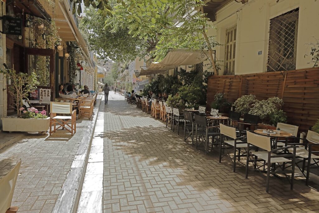 Street café in Athens near the museums, with tables and chairs outdoors