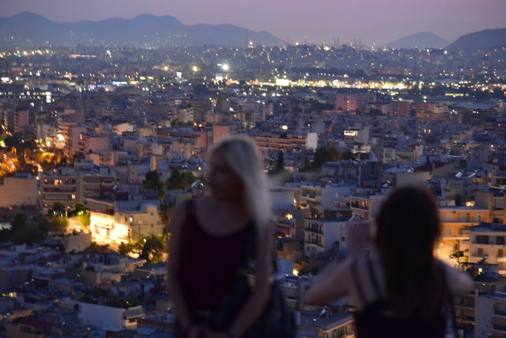 Athens summer night skyline with concert lights