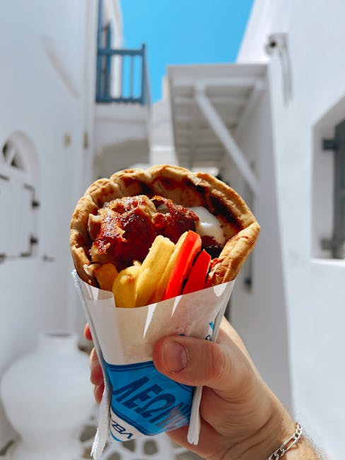 Close-up of a Greek souvlaki from a street vendor