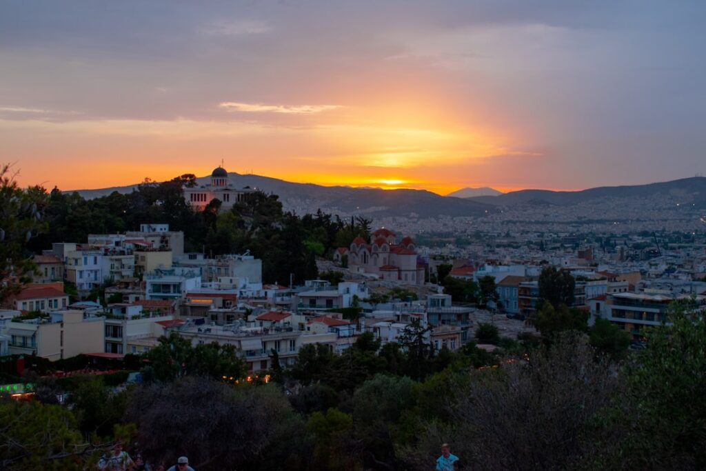 Panoramic city view from Lycabettus Hill at sunset