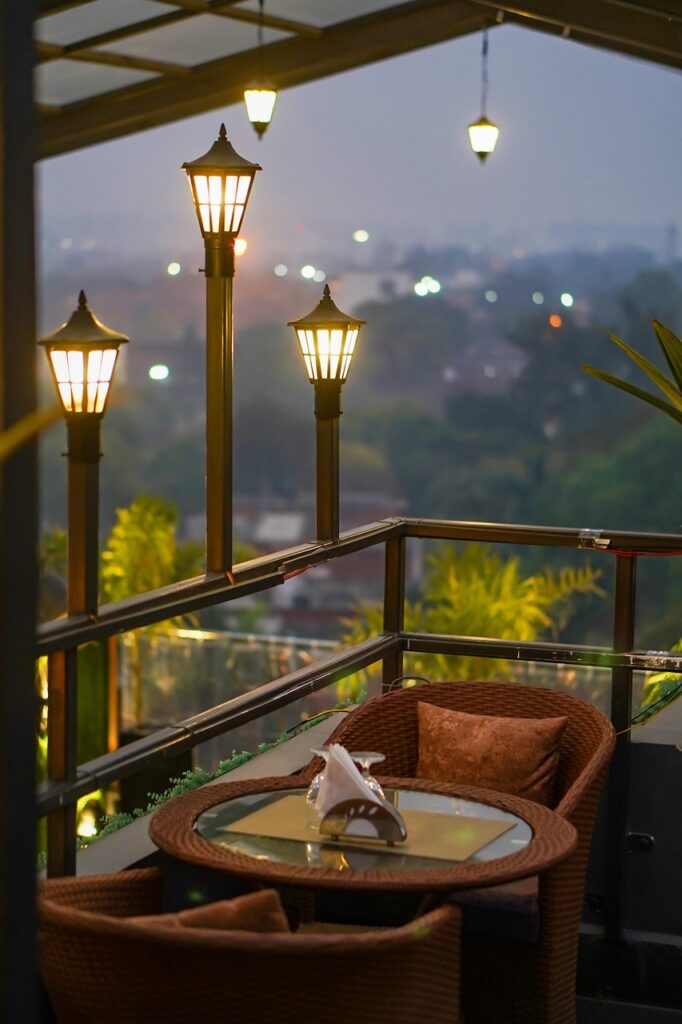 Rooftop cafe in Athens at evening with cityscape view