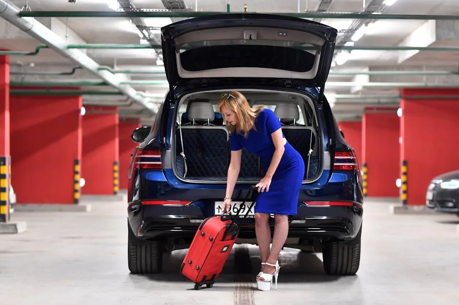Femme en robe bleue charge sa valise dans le coffre d'une voiture, parking souterrain