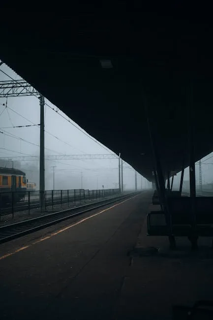 Quai de gare désert et brumeux sous les caténaires, train à l'arrêt