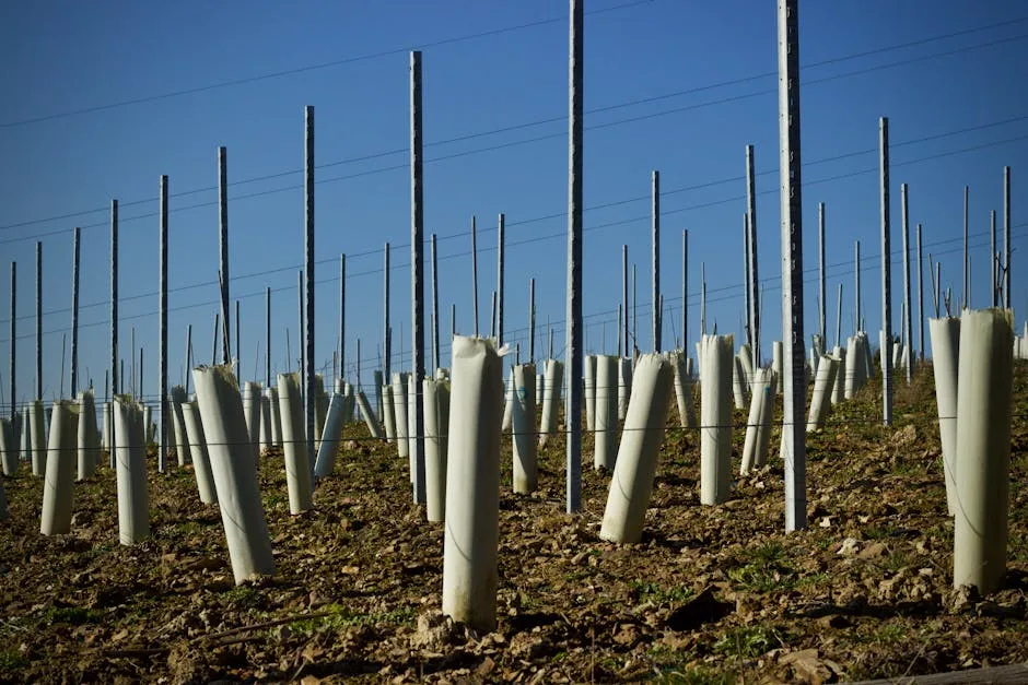Jeunes ceps protégés par des gaines blanches entre piquets de vigne près de Sienne
