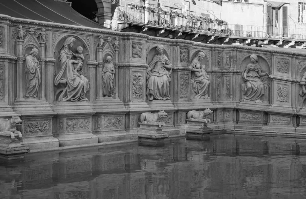 Reliefs sculptés de la fontaine Fonte Gaia à Sienne et reflet