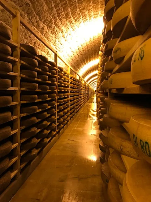 Voûte d'une cave d'affinage remplie de meules de fromage alignées