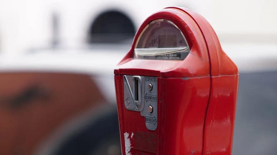 Parcmètre rouge usé en gros plan près d'une rue