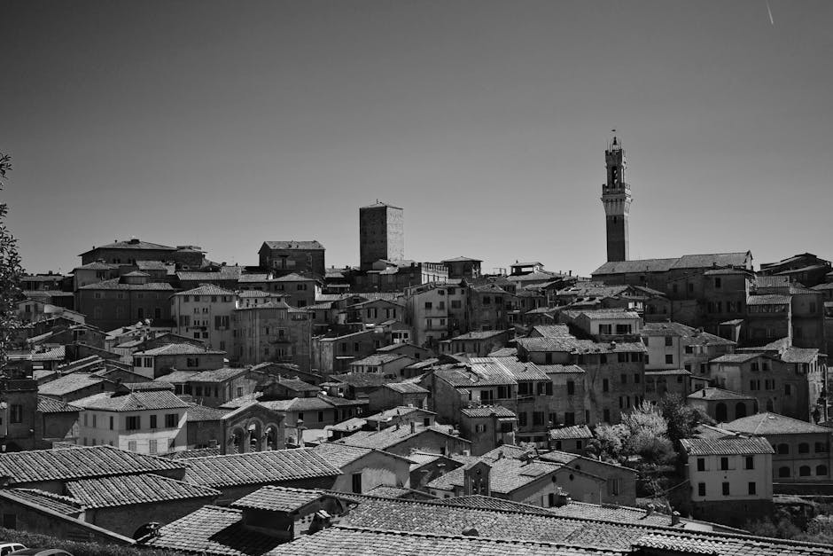 Black-and-white panorama of Siena rooftops with Torre del Mangia on skyline