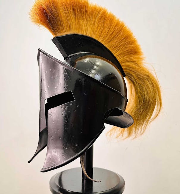 Black Corinthian-style helmet with orange horsehair crest displayed at Rhodes