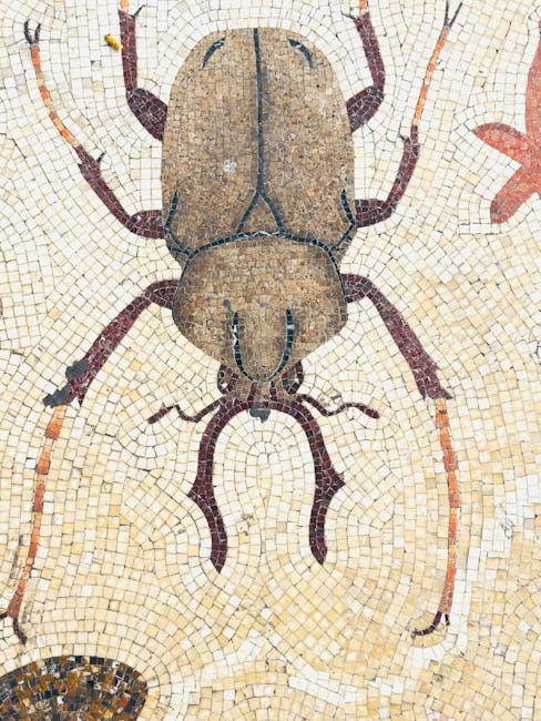 Detailed ancient mosaic depicting a beetle from the Rhodes museum