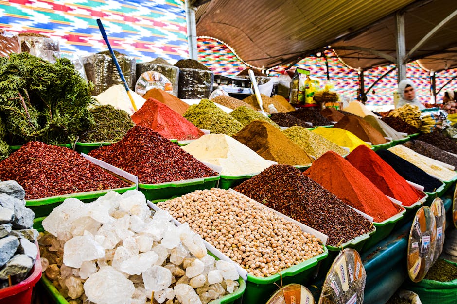 Colorful spice and herb mounds at Rhodes Central Market stall