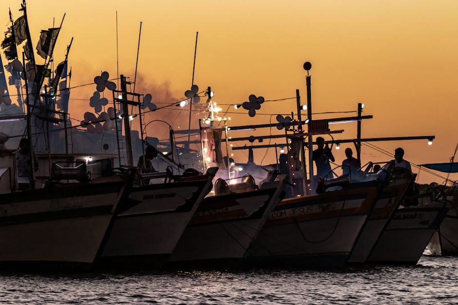Fischerboote mit Lichtern und Flaggen im Hafen von Rhodos