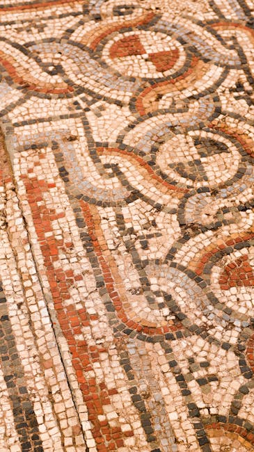 Intricate Byzantine mosaic floor with interlacing geometric patterns, Rhodes museum
